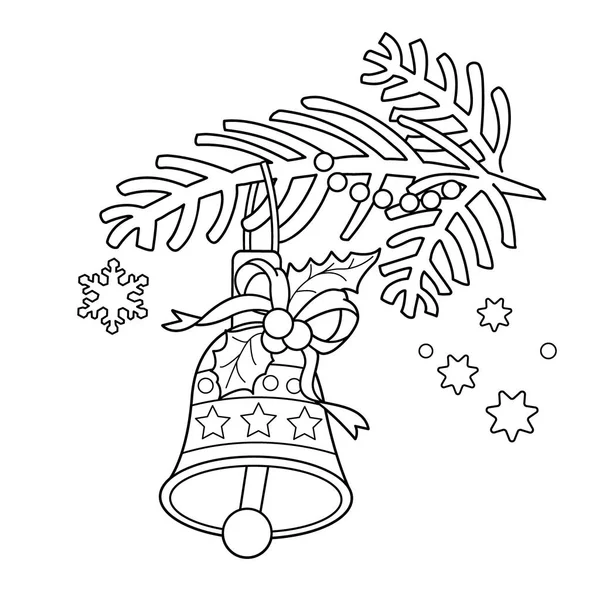 Kleurplaat pagina overzicht Of Christmas bell. Christmas tree branch. — Stockvector