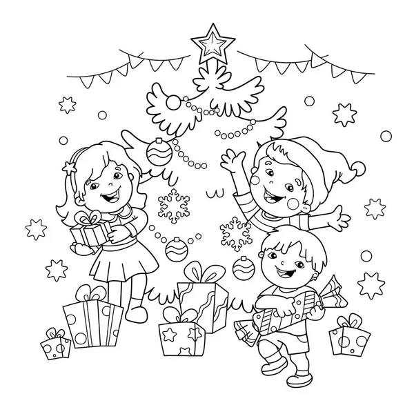 Coloring Page Outline Of children with gifts at Christmas tree. — Stock Vector