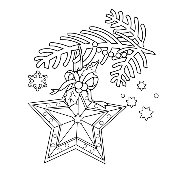 Coloring Page Outline Of Christmas decoration. Star. Christmas tree branch. New year. Coloring book for kids — Stock Vector