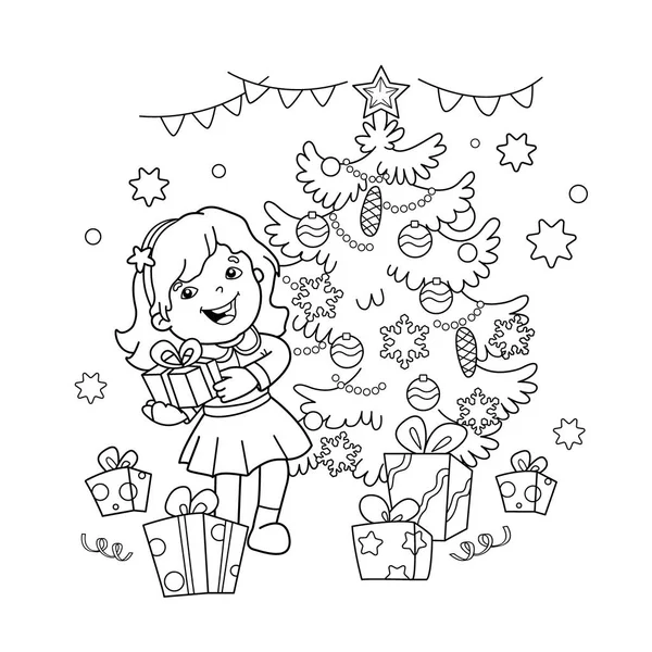 Página para colorear Esquema de la chica de dibujos animados con regalo en el árbol de Navidad. Navidad. Año nuevo. Libro para colorear para niños — Vector de stock