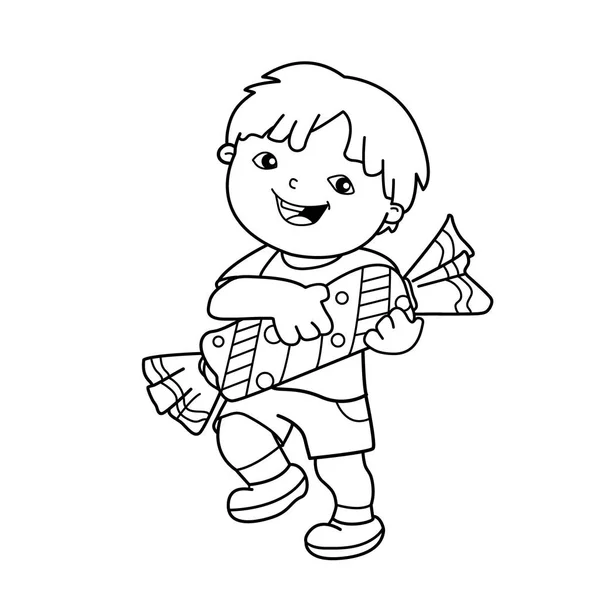 Färgläggning sida disposition av tecknad pojke med med godis. Målarbok för barn — Stock vektor