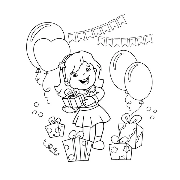 Página para colorear Esquema de la chica de dibujos animados con un regalo en las vacaciones — Vector de stock