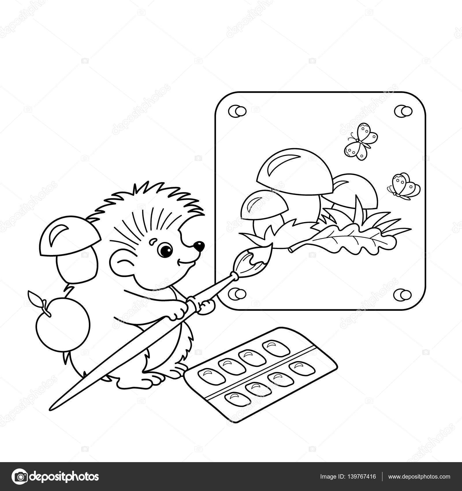 Pagina profilo di istrice del fumetto con foto di funghi con pennello e vernici di coloritura Libro da colorare per bambini — Vettoriali di Oleon17
