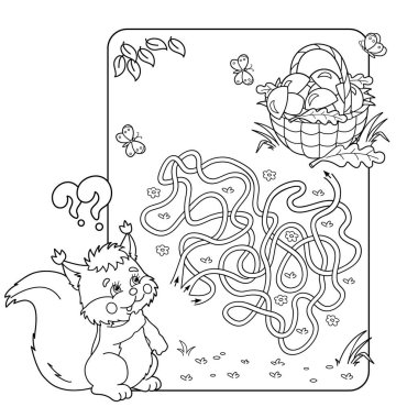 Okul öncesi çocuklar için çizgi film vektör çizim eğitim labirent veya labirent oyunu. Bulmaca. Karışık yol. Sayfa anahat, mantar sepeti ile sincap boyama. Çocuklar için boyama kitabı.