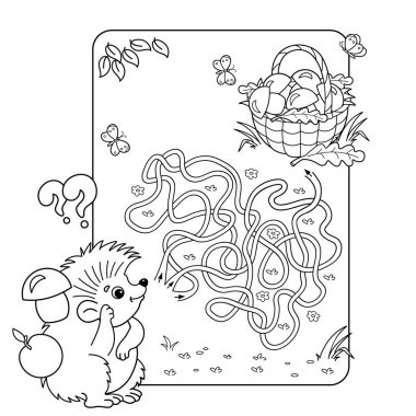 Okul öncesi çocuklar için çizgi film vektör çizim eğitim labirent veya labirent oyunu. Bulmaca. Karışık yol. Sayfa anahat, kirpi mantar sepeti ile boyama. Çocuklar için boyama kitabı.