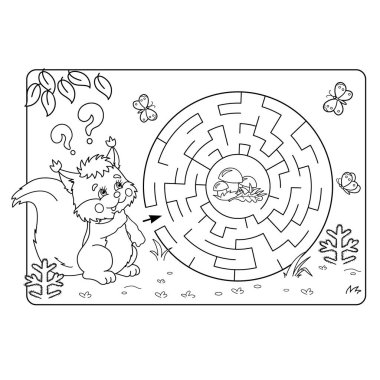 Okul öncesi çocuklar için çizgi film vektör çizim eğitim labirent veya labirent oyunu. Bulmaca. Sayfa anahat, sincap mantar boyama. Çocuklar için boyama kitabı.