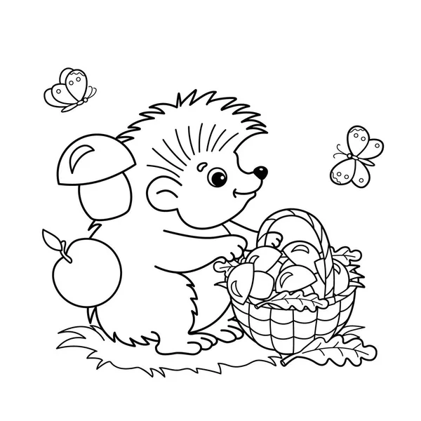 Coloriage Aperçu De hérisson de dessin animé avec panier de champignons dans la prairie avec des papillons. Livre à colorier pour enfants — Image vectorielle