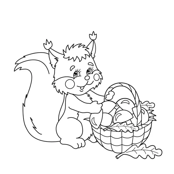 着色页大纲的卡通松鼠提着篮子的蘑菇。夏季礼品的性质。孩子们的图画书 — 图库矢量图片