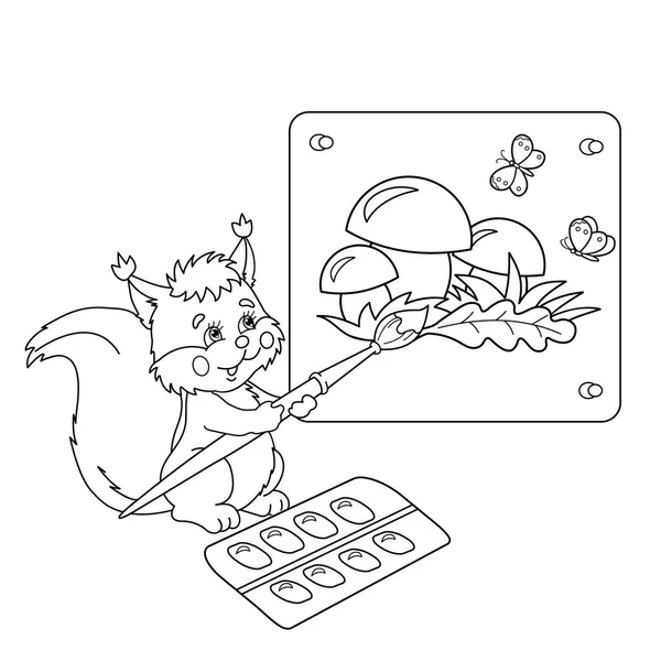 Coloriage Aperçu De dessin animé écureuil avec image de champignons avec brosse et peintures. Livre à colorier pour enfants — Image vectorielle