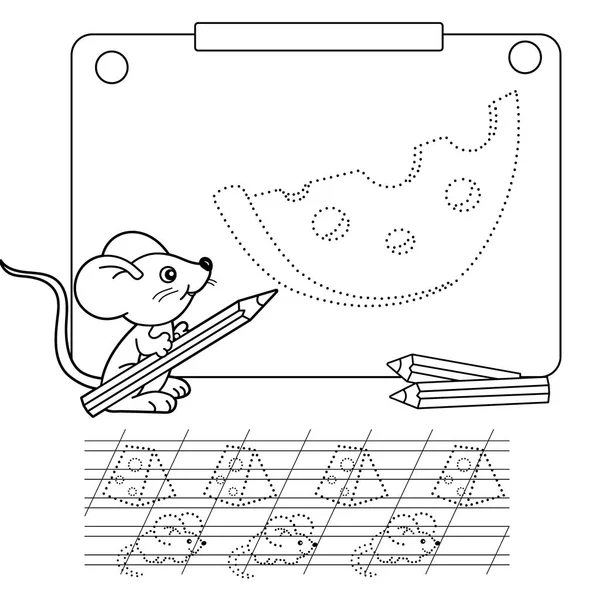 Conecta la imagen de puntos y la página para colorear. Hoja de trabajo de rastreo. Puzzle para niños. Queso de dibujos animados. Página para colorear Esquema del ratón con lápiz. Libro para colorear para niños . — Archivo Imágenes Vectoriales