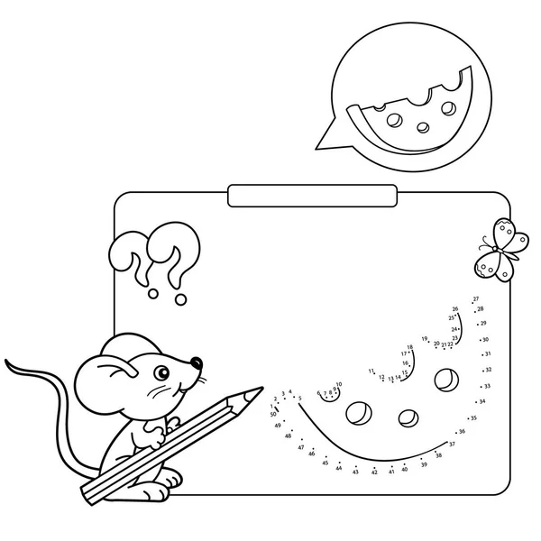 Образовательные игры для детей: игра чисел. Сыр. Раскраска контура страницы мыши карандашом. Раскраска для детей . — стоковый вектор