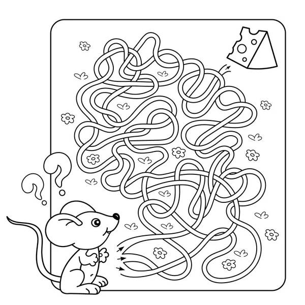 Cartoon Vector Illustration of Education Juego de laberinto o laberinto para niños preescolares. Puzzle. Tangled Road. Página para colorear Esquema de ratoncito con queso. Libro para colorear para niños . — Vector de stock