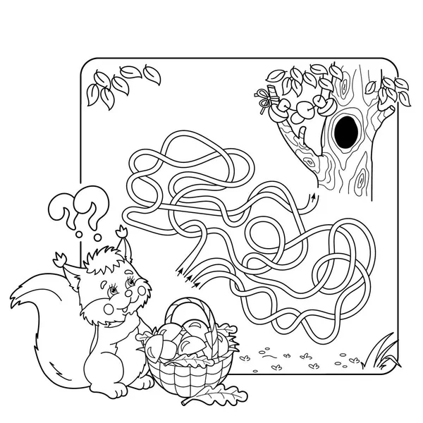 Illustration vectorielle de dessin animé du labyrinthe d'éducation ou jeu de labyrinthe pour les enfants d'âge préscolaire. Puzzle. Tangled Road. Coloriage Aperçu De l'écureuil avec panier de champignons. Livre à colorier pour enfants . — Image vectorielle