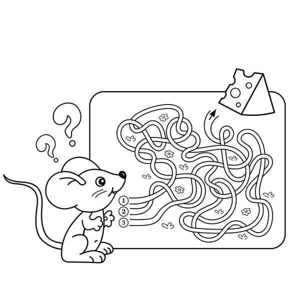 Cartoon Vector Illustration of Education Maze или Labyrinth Game для дошкольников. Головоломка. Запутанная дорога. Окраска страницы Контур мышки с сыром. Раскраска для детей . — стоковый вектор
