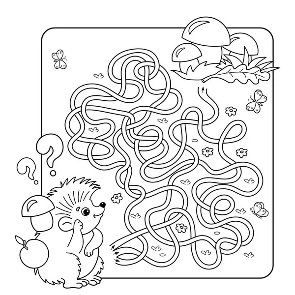 卡通矢量插画的教育迷宫或迷宫游戏为学龄前儿童。谜题。纠结的道路。着色页大纲的刺猬与蘑菇。孩子们的图画书. — 图库矢量图片