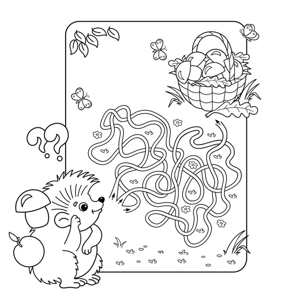 Cartoon Vector Illustration of Education Maze or Labyrinth Game for Preschool Children. Puzzle. Tangled Road. Coloring Page Outline Of hedgehog with basket of mushrooms. Coloring book for kids. — Stock Vector