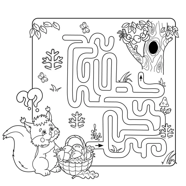 Cartoon vectorillustratie van onderwijs labyrint of labyrint spel voor kleuters. Puzzel. Kleurplaat pagina overzicht van eekhoorn met mandje van paddestoelen. Kleurboek voor kinderen. — Stockvector