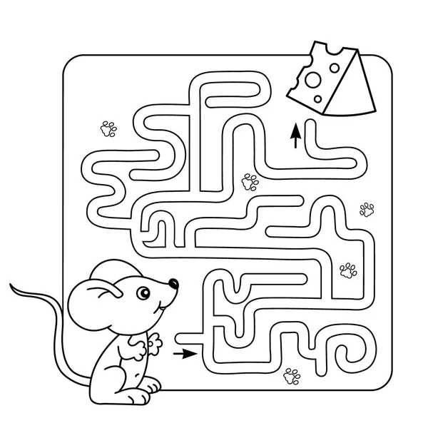 幼児の教育迷路や迷宮ゲームの漫画ベクトルの例。パズル。ぬりえページ概要のチーズを少しマウスします。子供のための塗り絵. — ストックベクタ