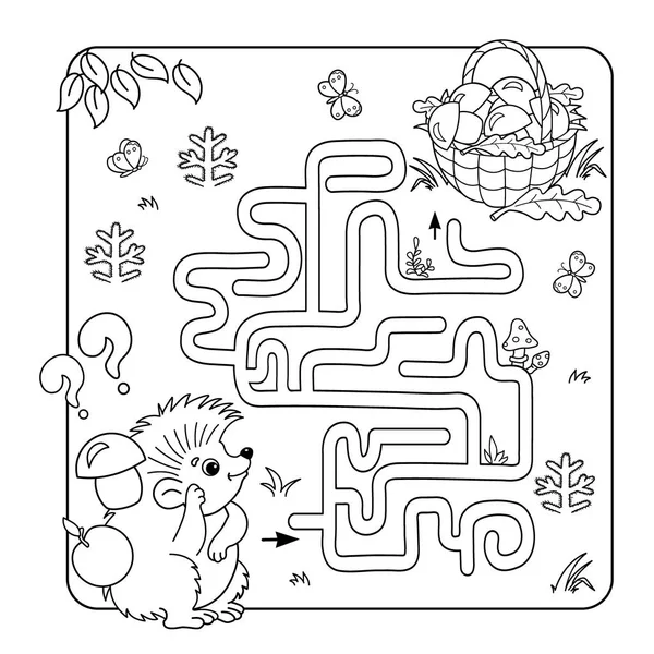 Cartoon Vector Ilustração da Educação Labirinto ou Labirinto Jogo para Crianças Pré-Escolares. Puzzle. Desenho de página para colorir De ouriço com cesta de cogumelos. Livro para colorir para crianças . —  Vetores de Stock