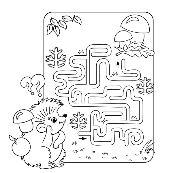 Cartoon Vector Illustration of Education Maze or Labyrinth Game for Preschool Children. Puzzle. Coloring Page Outline Of hedgehog with mushrooms. Coloring book for kids. — Stock Vector