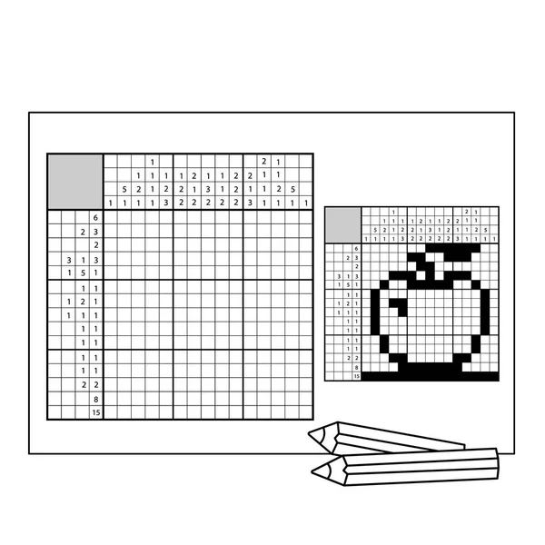 Яблоко. Черно-белый японский кроссворд с ответом. Нонограмма с ответом. Графический кроссворд. Шайба для любого возраста . — стоковый вектор