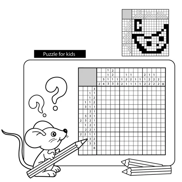 Cartoon Vector Ilustração da Educação Puzzle Game for school Crianças. Queijo. Palavras cruzadas japonesas em preto e branco com resposta. Nonograma com resposta. Palavras cruzadas gráficas. Desenho de página para colorir Do mouse com lápis. Livro para colorir para crianças . — Vetor de Stock