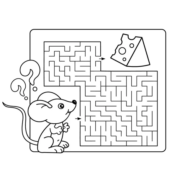 Cartoon Vector Illustration of Education Maze or Labyrinth Game for Preschool Children. Puzzle. Coloring Page Outline Of little mouse with cheese. Coloring book for kids. — Stock Vector