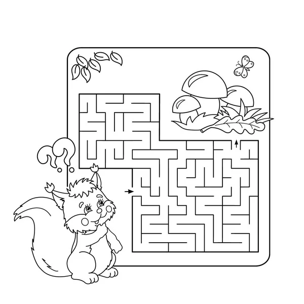 Cartoon Vector Ilustração da Educação Labirinto ou Labirinto Jogo para Crianças Pré-Escolares. Puzzle. Desenho de página para colorir de esquilo com cogumelos. Livro para colorir para crianças . — Vetor de Stock