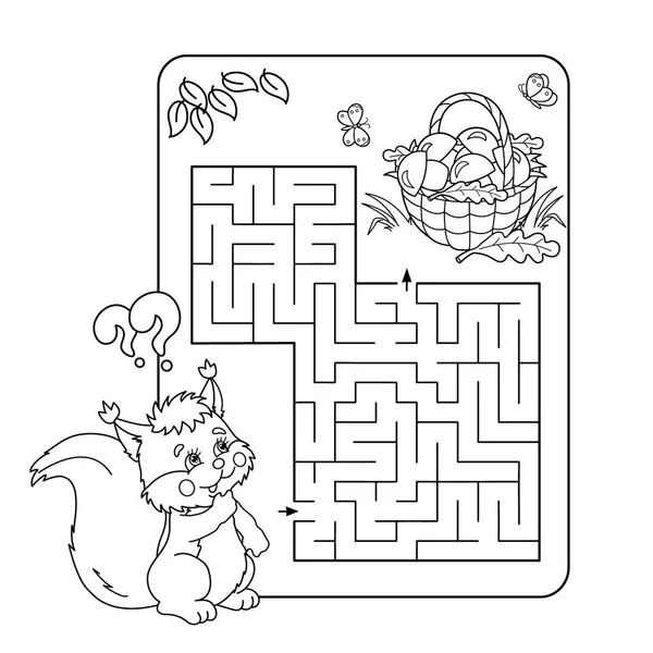 Cartoon vectorillustratie van onderwijs labyrint of labyrint spel voor kleuters. Puzzel. Kleurplaat pagina overzicht van eekhoorn met mandje van paddestoelen. Kleurboek voor kinderen. — Stockvector