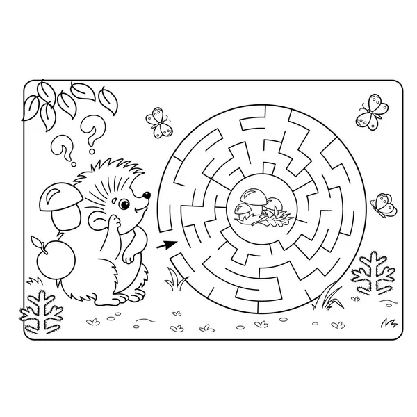 Cartoon Vector Illustration of Education Maze or Labyrinth Game for Preschool Children. Puzzle. Coloring Page Outline Of hedgehog with mushrooms. Coloring book for kids.