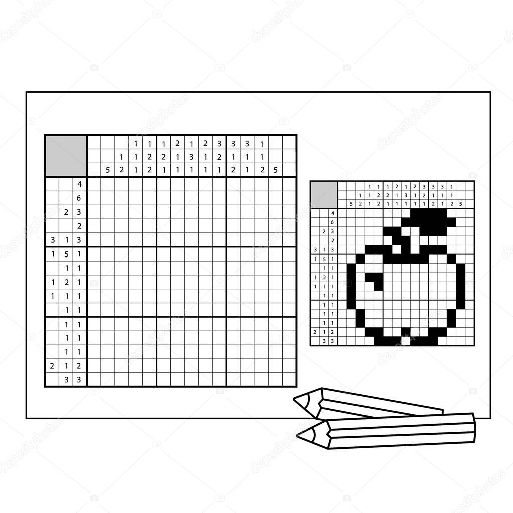 Apple. Black and white japanese crossword with answer. Nonogram with answer. Graphic crossword. Puzzle game for any age.