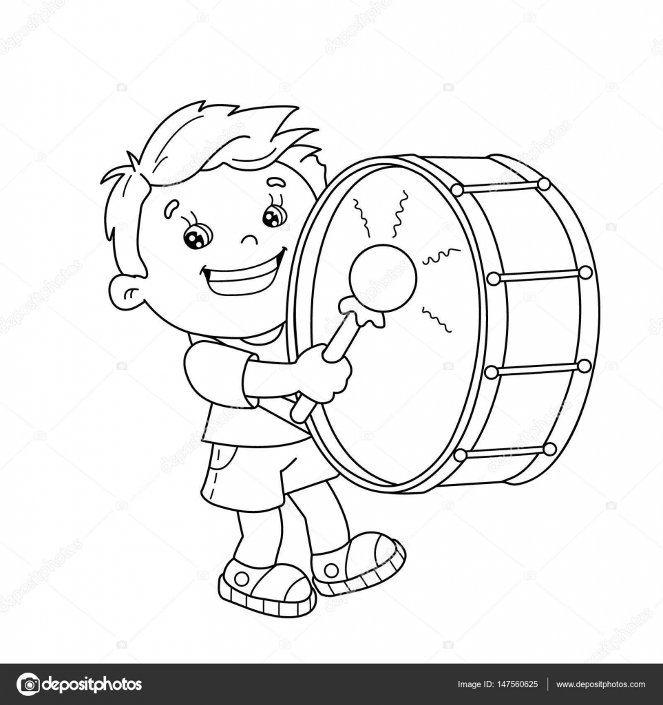 le contour de la Page de dessin animé gar§on jouant du tambour Colorier le contour de la Page de dessin animé gar§on jouant du tambour Instruments de musique