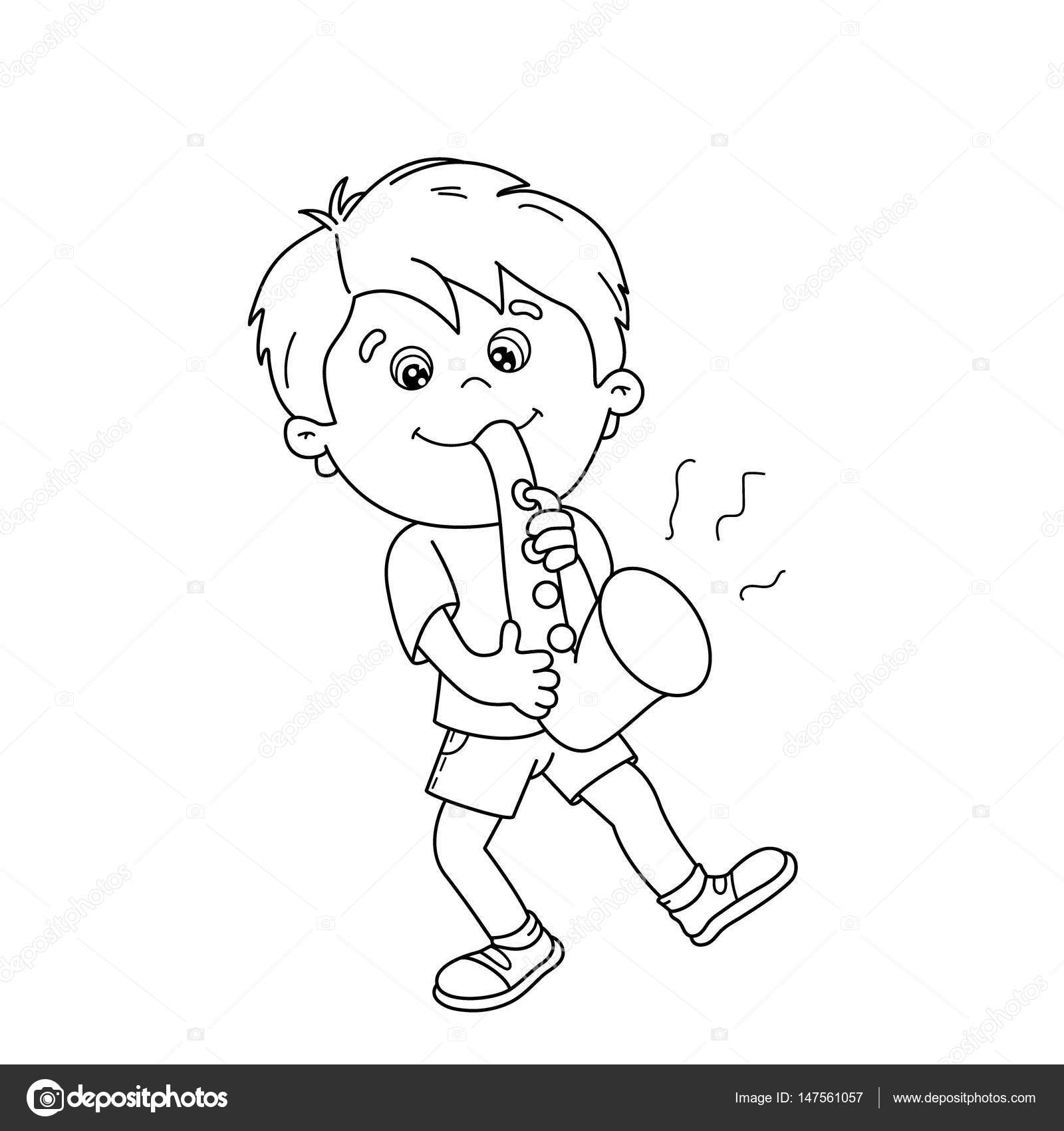 Disegni da colorare pagina muta del fumetto ragazzo suonare il sassofono Strumenti musicali Libro da colorare per bambini — Vettoriali di Oleon17
