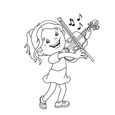 Keman çalmaya sayfa anahat, karikatür kız boyama. Müzik aletleri. Çocuklar için boyama kitabı