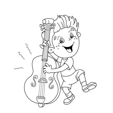 Sayfa anahat, karikatür Çello çalan çocuk boyama. Müzik aletleri. Çocuklar için boyama kitabı