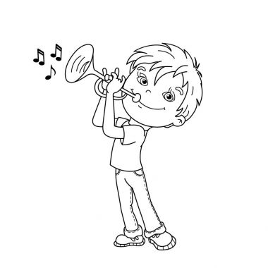 Sayfa anahat, karikatür trompet çalmaya çocuk boyama. Müzik aletleri. Çocuklar için boyama kitabı