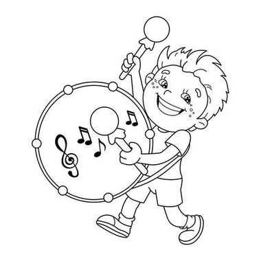 Sayfa anahat, karikatür davul çalmaya çocuk boyama. Müzik aletleri. Çocuklar için boyama kitabı
