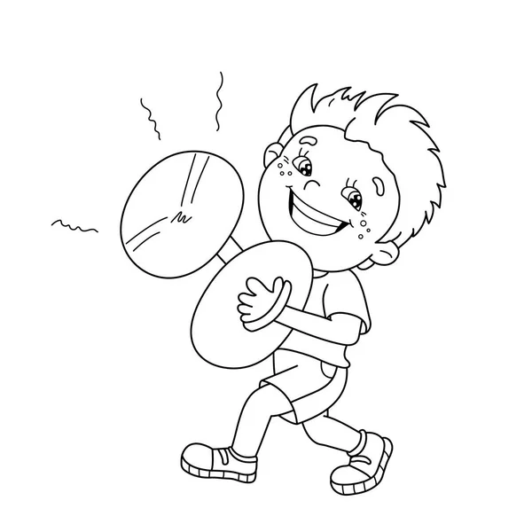 Färgläggning sida disposition av tecknad pojke spela cymbaler. Musikinstrument. Målarbok för barn — Stock vektor