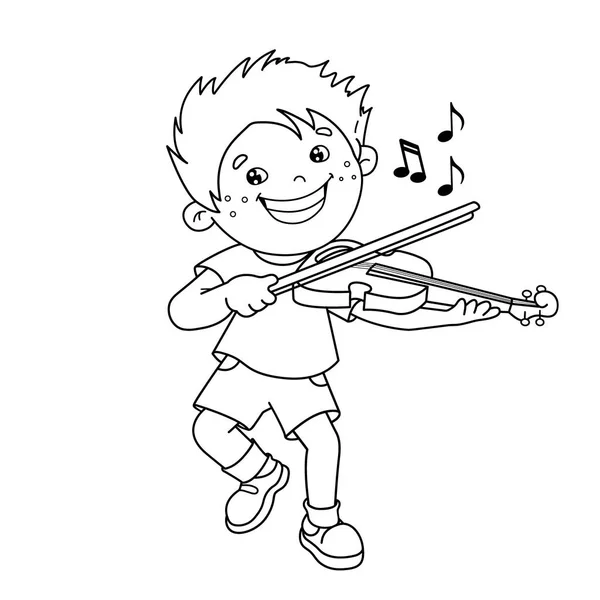 Barevné stránky osnovy z kreslený kluk hraje na housle. Hudební nástroje. Omalovánky pro děti — Stockový vektor