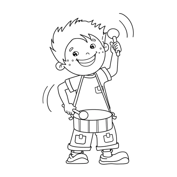 Coloriage Aperçu de dessin animé Boy jouer du tambour. Instruments de musique. Livre à colorier pour enfants — Image vectorielle