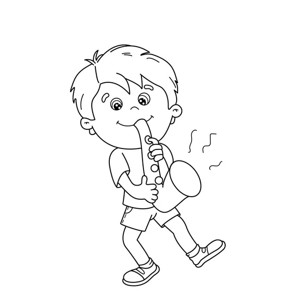 Färgläggning sida disposition av tecknad pojke spela saxofon. Musikinstrument. Målarbok för barn — Stock vektor