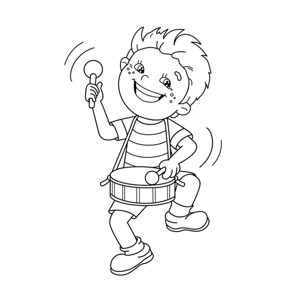 Desenho da página de colorir do menino dos desenhos animados tocando o tambor. Instrumentos musicais. Livro para colorir para crianças —  Vetores de Stock