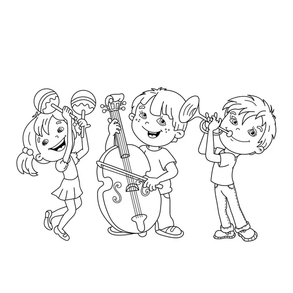 Página para colorear Esquema de niños tocando instrumentos musicales. Libro para colorear para niños — Vector de stock