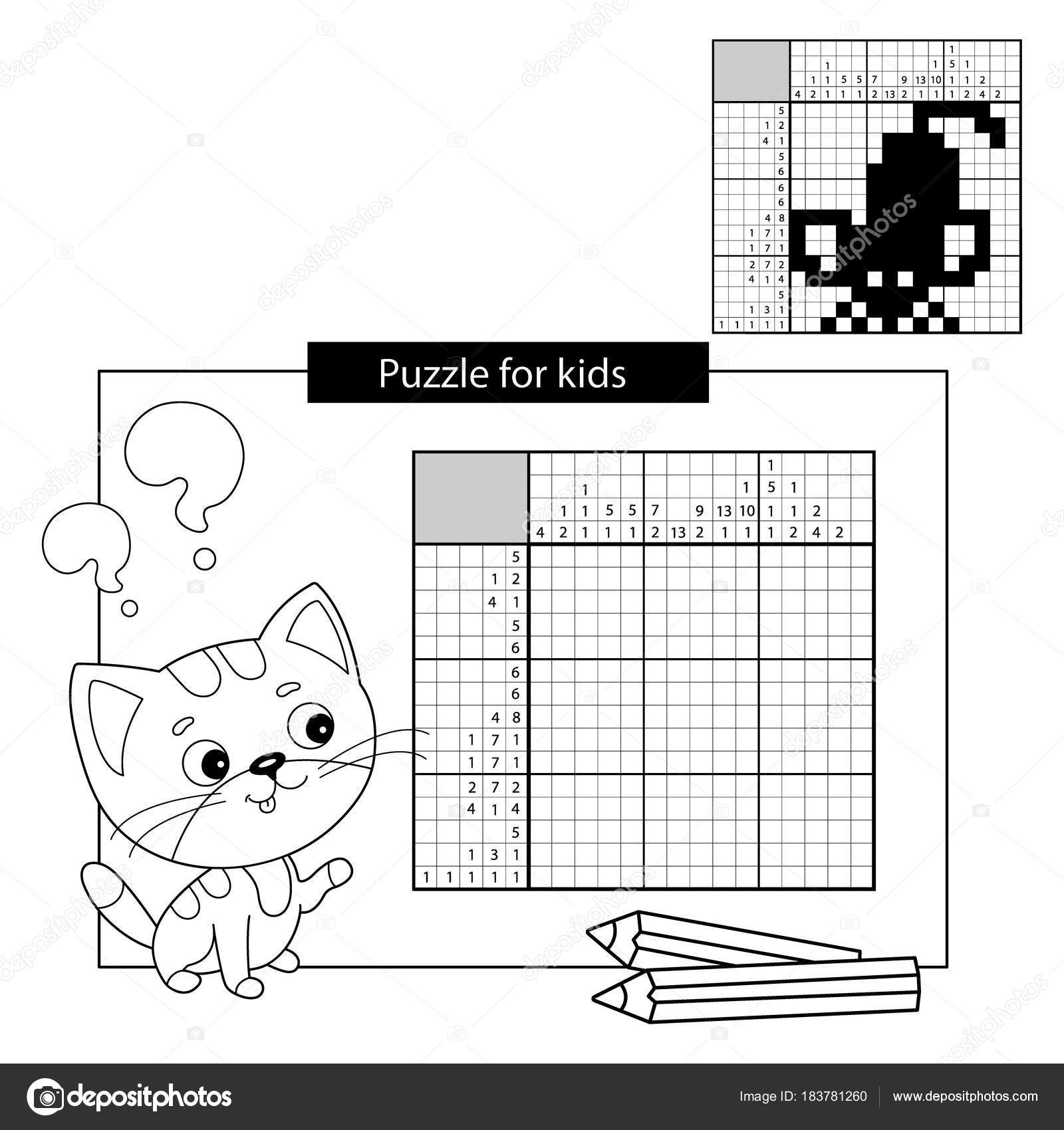 Bianco e nero giapponese cruciverba con risposta Nonogram con risposta Parole incrociate di grafico Struttura di pagina da colorare di piccolo gatto