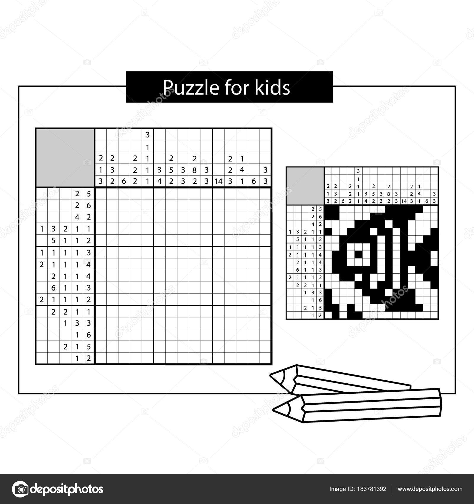 Puzzle de pintar por número (nonogram), jogo educacional para crianças,  apple