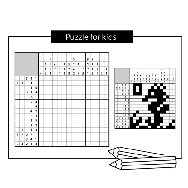 Seepferdchen. Meeresbewohner. Schwarz-weiß japanisches Kreuzworträtsel mit Antwort. Nonogramm mit Antwort. Kreuzworträtsel. Puzzle-Spiel für Kinder. — Stockvektor