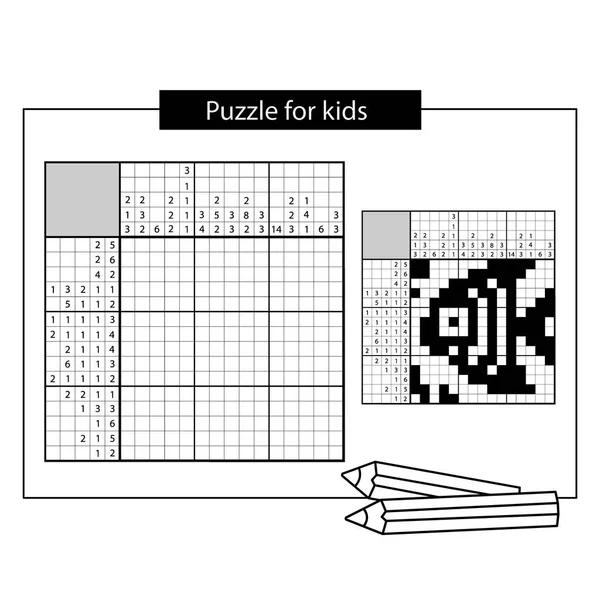 Fische. Meeresbewohner. Schwarz-weiß japanisches Kreuzworträtsel mit Antwort. Nonogramm mit Antwort. Kreuzworträtsel. Puzzle-Spiel für Kinder. — Stockvektor