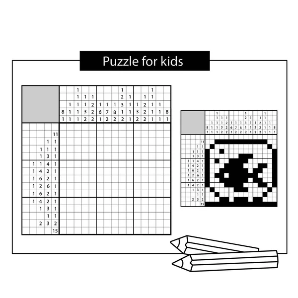 Aquarium with fish. Black and white japanese crossword with answer. Nonogram with answer. Graphic crossword. Puzzle game for kids. — Stock Vector