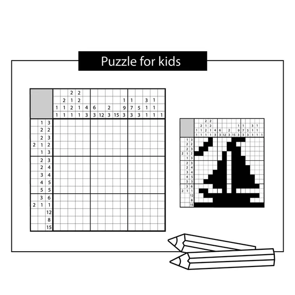 Корабль. Черно-белый японский кроссворд с ответом. Нонограмма с ответом. Графический кроссворд. Игра с шайбой для детей . — стоковый вектор