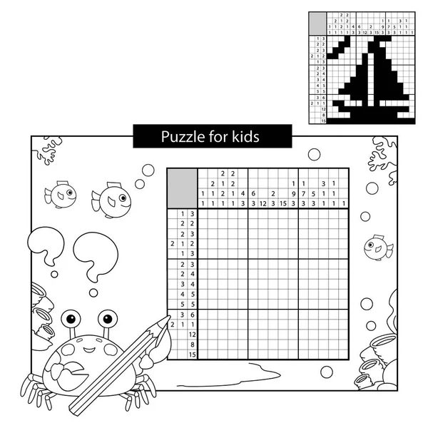 Education Puzzle Game for school Children. Ship. Black and white japanese crossword with answer. Nonogram with answer. Graphic crossword. Coloring Page Outline Of sea crab. Coloring book for kids.